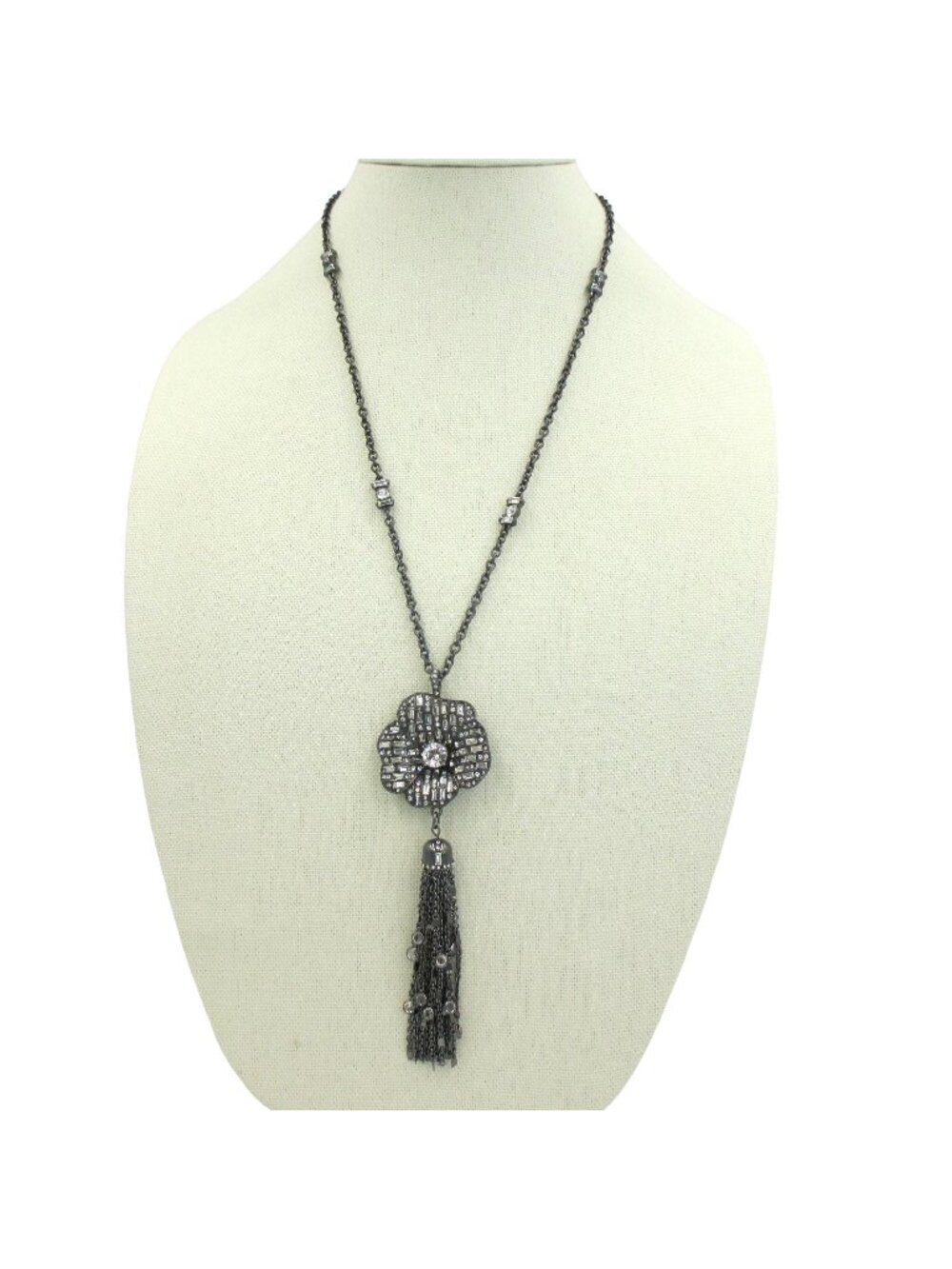 White House Black Market Ornate Hematite Flower Tassel Pendant Necklace Luxury
